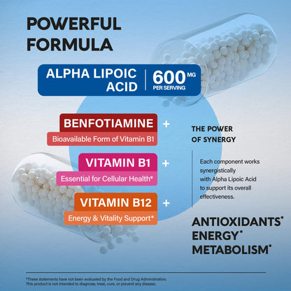 Alpha Lipoic Acid 600mg - ALA Supplement Antioxidant for Nerve, Energy & Metabolism Support - Extra Strength with Benfotiamine, B1 & B12 - Lab Tested, NON-GMO & Vegan - PrimeBioHealth - canada supplements