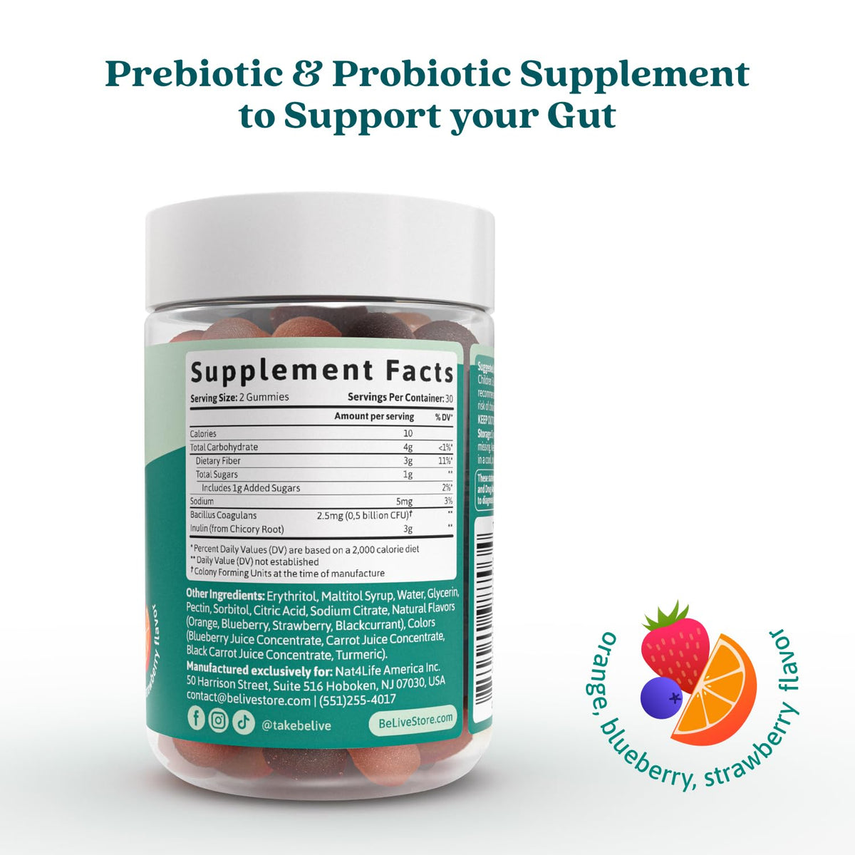 BeLive Synbiotics - Probiotic & Prebiotic Fiber Gummies – High Strength Inulin (3g), Dietary Fiber Supplement, Digestive Support for Kids & Adults - Strawberry, Orange, - PrimeBioHealth - canada supplements