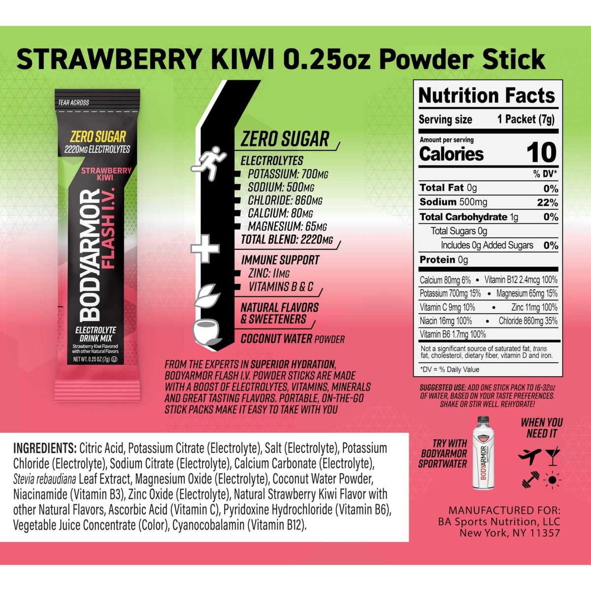 BODYARMOR Flash IV Electrolyte Packets, Strawberry Kiwi - Zero Sugar Drink Mix, Single Serve Packs, Coconut Water Powder (15 Count) - PrimeBioHealth - canada supplements