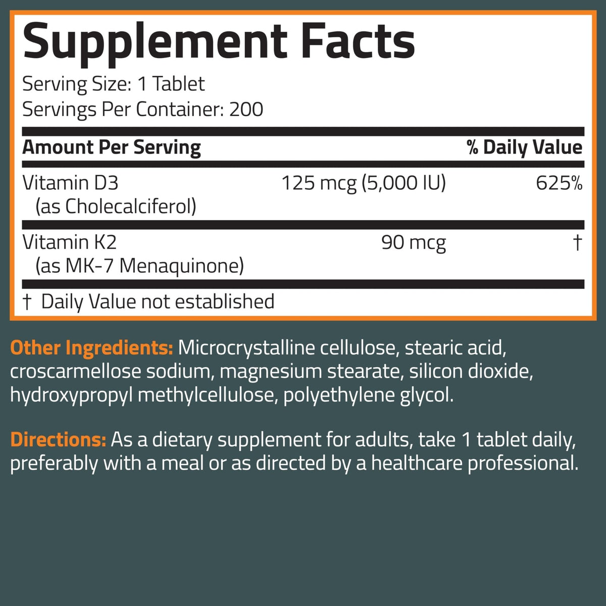 Bronson Vitamin K2 D3 (MK7) Supplement Non-GMO Formula Vitamin D3 5000IU (125 mcg) & 90 mcg K2 MK-7, Easy to Swallow D & K Complex, 120 Tablets - PrimeBioHealth - canada supplements
