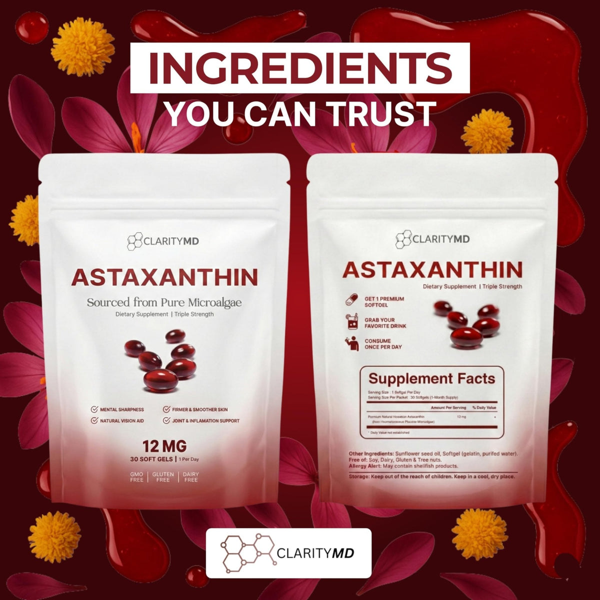 ClarityMD Astaxanthin 12mg Antioxidants Supplement – Natural Microalgae Source – Lipid-Based Softgel for Enhanced Absorption – Cognitive - PrimeBioHealth - canada supplements
