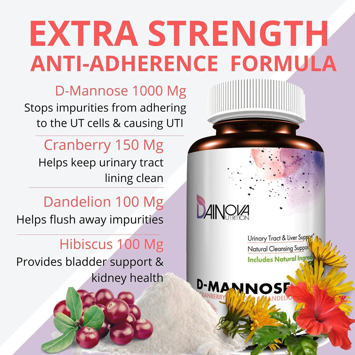Dainova D Mannose 1350mg with Cranberry I D-Mannose Capsules for UTI Prevention, Urinary Tract Support, Urinary Tract Health for Women, & Cleanse. W/Hibiscus & Dandelion, 120 Veggie Capsules - PrimeBioHealth - canada supplements