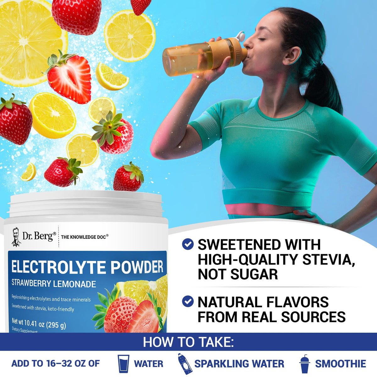Dr. Berg Zero Sugar Hydration Keto Electrolyte Powder - Enhanced w/ 1000 mg of Potassium & Real Pink Himalayan Salt (NOT Table Salt) - Strawberry Lemonade Hydration Drink Supplement - 50 Servings - PrimeBioHealth - canada supplements