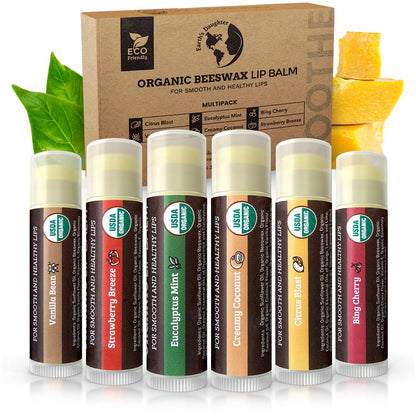 Earth's Daughter USDA Organic Lip Balm 6-Pack - Fruit Flavors, Beeswax, Coconut Oil, Vitamin E - Best Lip Repair - PrimeBioHealth - canada supplements