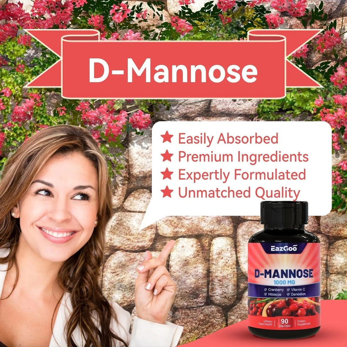 EAZGOO D-Mannose Supplement – 1000mg Capsules with Cranberry, Vitamin C, Hibiscus & Dandelion Extract, Support Urinary Health, D Mannose & Cranberry Capsules, 90 Count(Pack of 2) - PrimeBioHealth - canada supplements