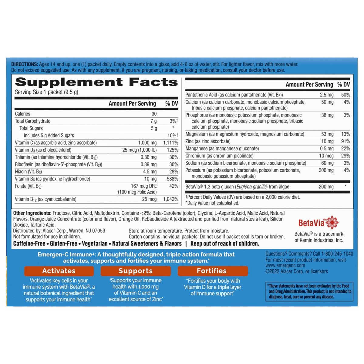 Emergen-C Immune+ Triple Action Immune Support Powder, BetaVia (R), 1000mg Vitamin C, B Vitamins, Vitamin D and Antioxidants - PrimeBioHealth - canada supplements