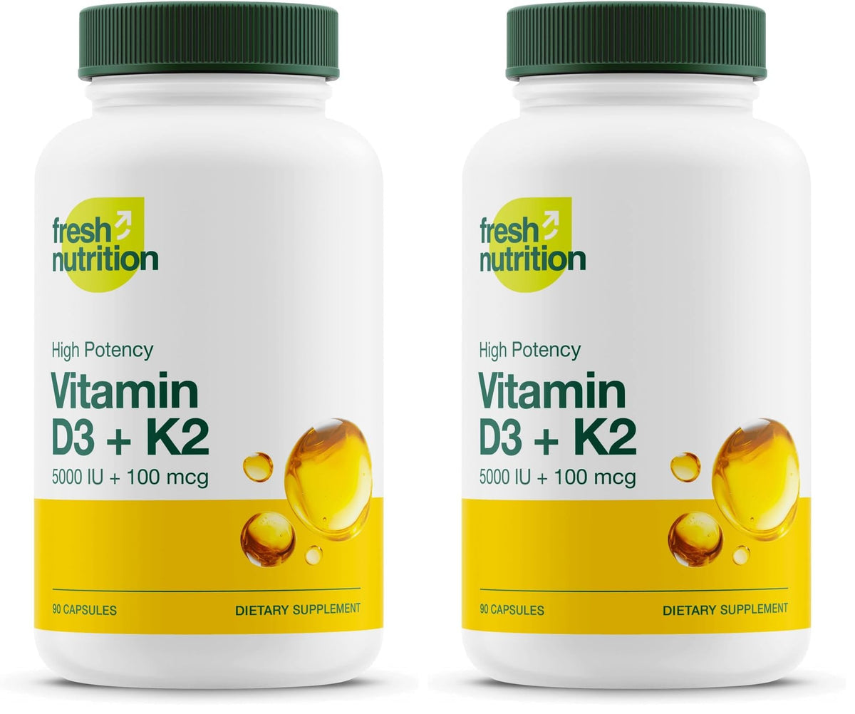 Fresh Nutrition Vegan Vitamin D3 + K2 Capsules - 5000 IU D3 + 100mcg K2 as MK-7 for Optimal Absorption - Immune Health, Bone Health, Mood - Non GMO - 90 Capsules, 3 Month Supply - PrimeBioHealth - canada supplements