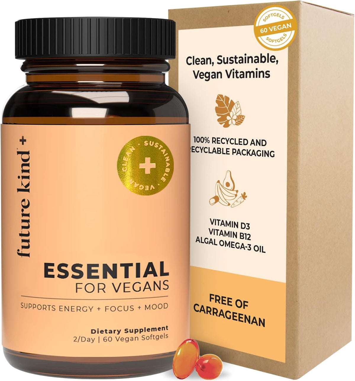 Future Kind 3 in 1 Daily Multivitamin - for Energy, Clarity, Active Wellness Support with B12, D3, and Algal Omega-3 - Essential Vegan Multivitamin for Women & Men - Tiny Citrus Softgels (60 Count) - PrimeBioHealth - canada supplements
