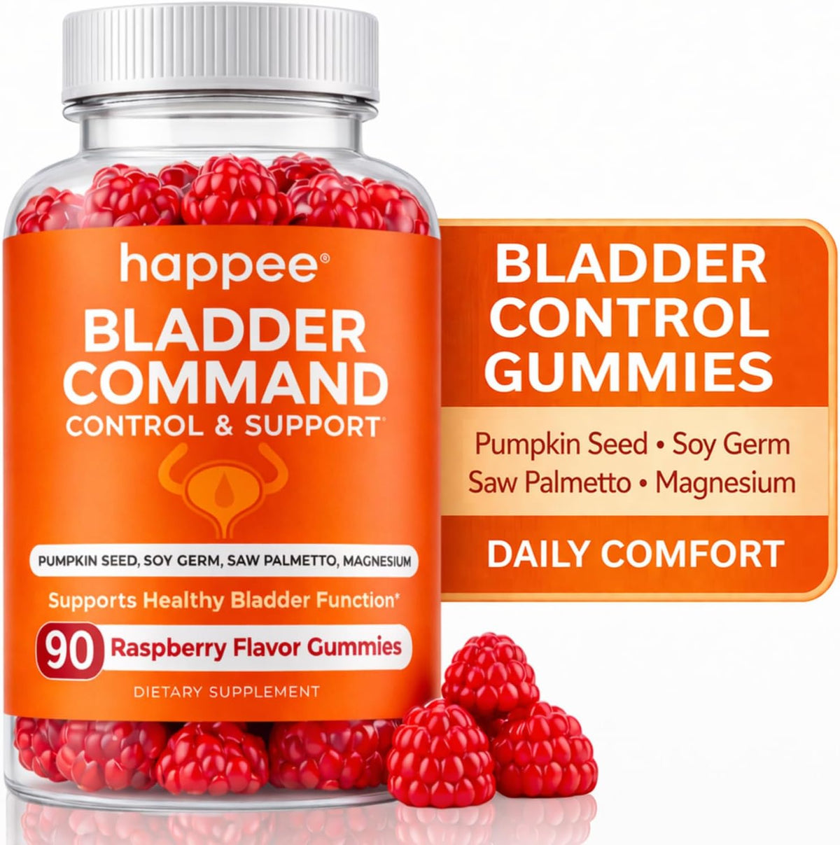 Happee Bladder Control Gummies Supplement Women & Men, Day & Night 90 ct | Daily Bladder Support & Urinary Tract Health, 4-in-1 Pumpkin Seed Extract & Soy Germ, 90 Berry Gummies - PrimeBioHealth - canada supplements