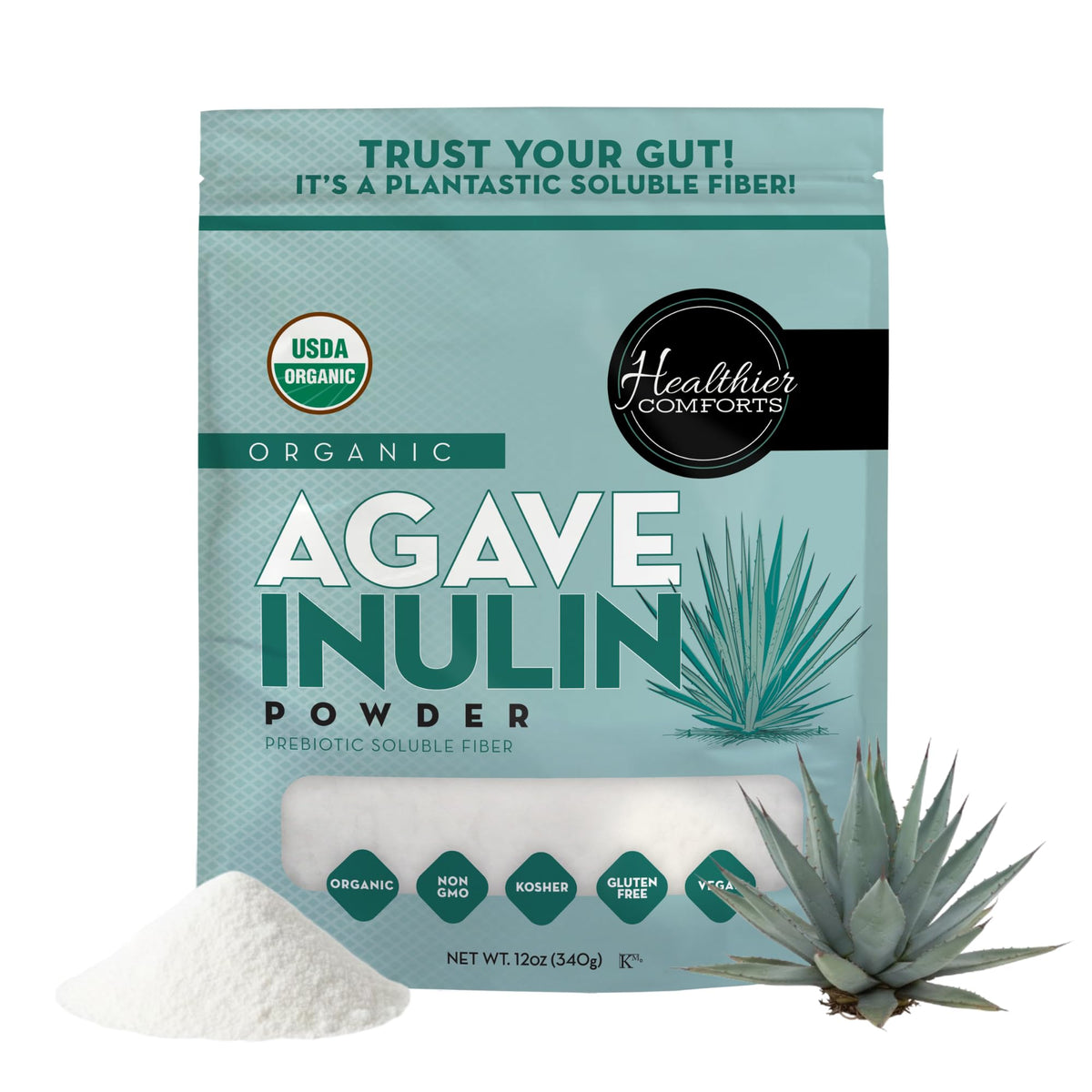Healthier Comforts Organic Inulin Powder (12 oz) from Blue Agave | Soluble Prebiotic Fiber, Gentle on Digestion, Non-GMO | Perfect for Coffee, Baking & Cooking - PrimeBioHealth - canada supplements