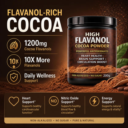 High Flavanol Cocoa Powder, Flavanol Rich Cocoa Powder– 1200mg Cocoa Flavanols – 10X More Flavanols – Supports Heart Health, Nitric Oxide & Energy - PrimeBioHealth - canada supplements