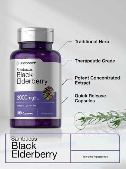Horbäach Black Elderberry | 180 Count | Non-GMO, Gluten Free | Sambucus Extract Supplement - PrimeBioHealth - canada supplements