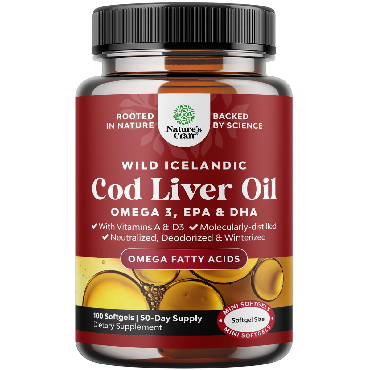 Icelandic Wild Caught Cod Liver Oil Softgels - Fish Omega 3, EPA, DHA, Vitamin D & A, 1000mg Per Serving - Burpless Capsules for Heart - PrimeBioHealth - canada supplements