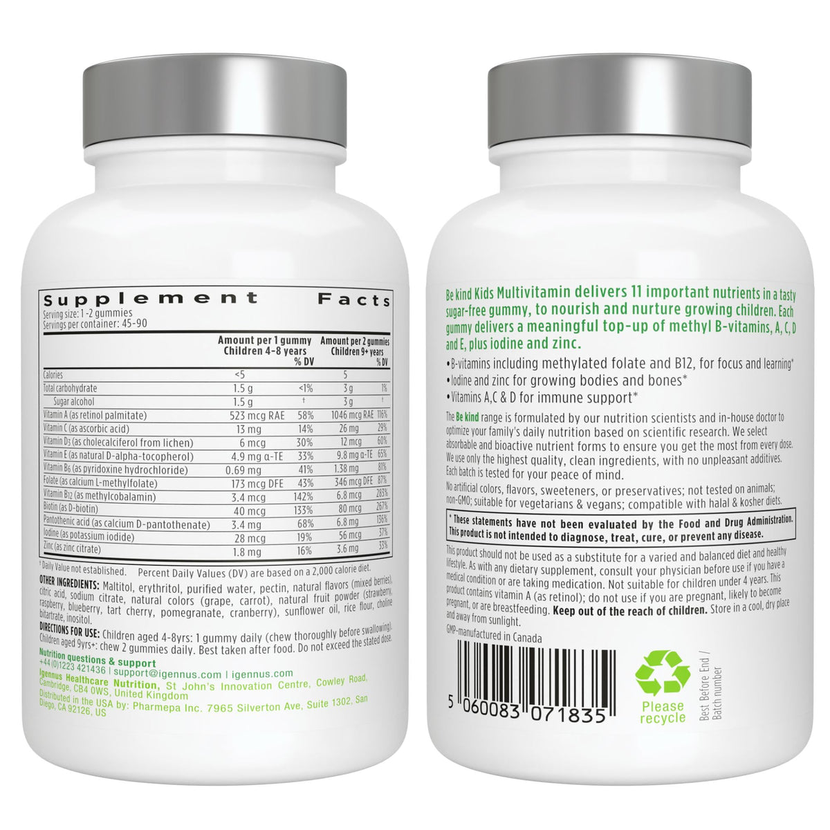 Igennus Methylated Kids Multivitamin Gummies, Clean Label & Third Party Tested, No Artificial Sweeteners or Flavors, Sugar Free, Age 4+, 90 Natural Berry Flavor - PrimeBioHealth - canada supplements