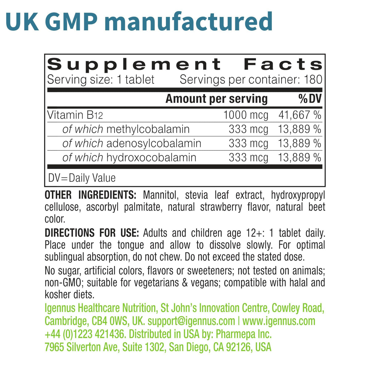 Igennus Sublingual Vitamin B12 Complex 1000mcg, Methylated Methylcobalamin, Adenosylcobalamin & Hydroxocobalamin, High Absorption & Clean, - PrimeBioHealth - canada supplements