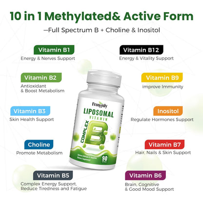 Liposomal B Complex for High Absorption Methylated B12,L-Methyfolate(5-MTHF ),Full Active B Vitamins with Choline Inositol-Energy, Metabolism,Brain & Heart Support - PrimeBioHealth - canada supplements