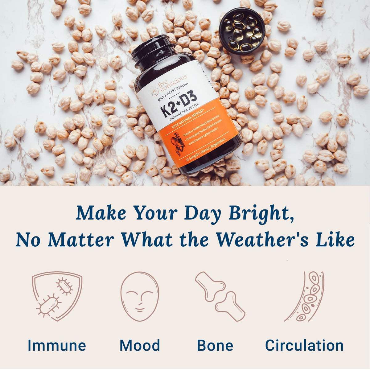 Live Conscious Vitamin K2 MK7 with D3 Supplement | Bone & Heart Health Support - Patented Vitamin K & Vitamin D3 5000 IU - 60 Softgels - PrimeBioHealth - canada supplements