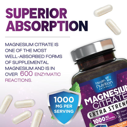 Magnesium Citrate 1000mg Per Serving - Max Absorption Magnesium Powder Capsules for Muscle, Nerve, Bone and Heart Health Support, High Absorption Citrate Complex - PrimeBioHealth - canada supplements