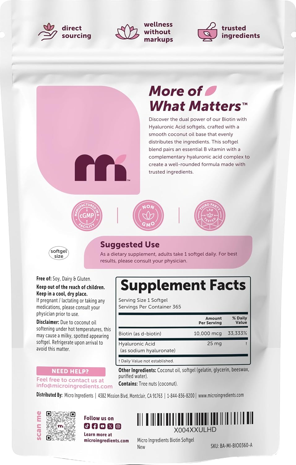 Micro Ingredients Biotin 10,000 mcg with Hyaluronic Acid 25 mg Per Serving | Made with Coconut Oil | 365 Softgels | 1 Per Day | One Year Supply | Non-GMO & Gluten Free - PrimeBioHealth - canada supplements