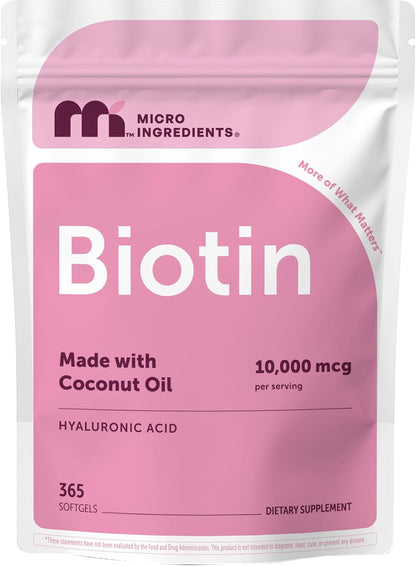 Micro Ingredients Biotin 10,000 mcg with Hyaluronic Acid 25 mg Per Serving | Made with Coconut Oil | 365 Softgels | 1 Per Day | One Year Supply | Non-GMO & Gluten Free - PrimeBioHealth - canada supplements
