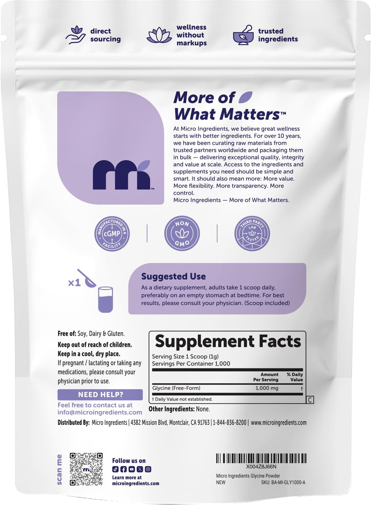 Micro Ingredients Glycine Powder, 1KG (2.2 Pounds), Glycine 1000mg Per Serving, Water Soluble and Product of USA - PrimeBioHealth - canada supplements