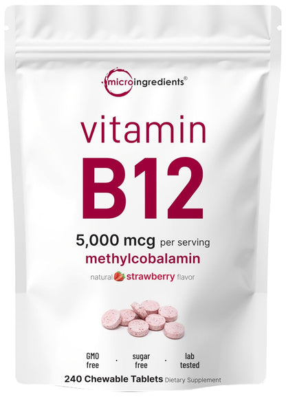 Micro Ingredients Vitamin B12 5,000 mcg | Methylcobalamin – 240 Chewable Tablets | Fast Dissolve, Natural Strawberry Flavor - PrimeBioHealth - canada supplements