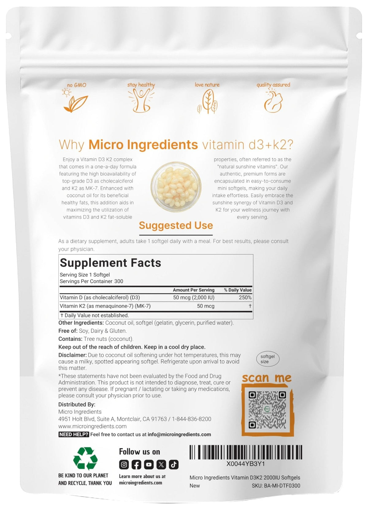 Micro Ingredients Vitamin D3 2,000 IU + K2 MK-7 50 mcg, 300 Softgels | Virgin Coconut Oil | 2-in-1 Support | Easy to Swallow, Non-GMO - PrimeBioHealth - canada supplements