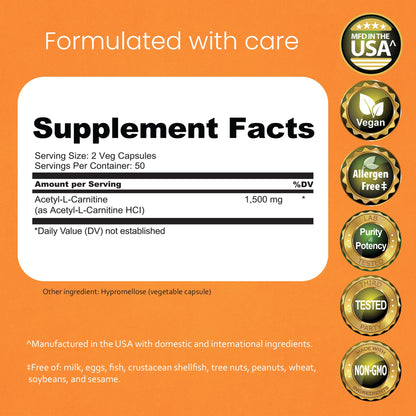 NaturaLife Labs Acetyl L-Carnitine (ALCAR) 1500 mg per Serving – 100 Capsules – Non-GMO, Gluten-Free, Vegan - PrimeBioHealth - canada supplements