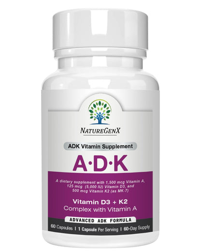 NatureGenX ADK Vitamin Supplement – Vitamins A, D3 & K2 MK-7 for Bone Health & Calcium Absorption – Gluten-Free, Non-GMO, Soy-Free - PrimeBioHealth - canada supplements