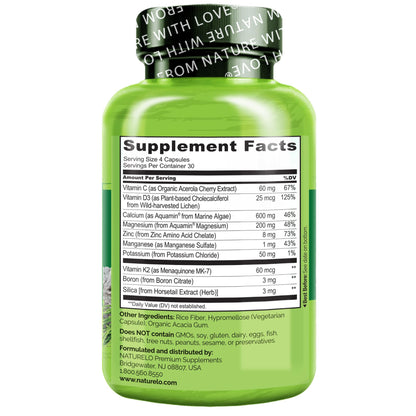 NATURELO Calcium Supplement - with Vitamin C, Vitamin D3, K2, and Calcium Magnesium Zinc for Bone Strength with Calcium 600mg - Plant-Based, 120 Vegetarian Capsules - PrimeBioHealth - canada supplements