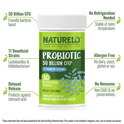 NATURELO Probiotics for Digestive Health, 50 Billion CFU, 30 Vegetarian Capsules, 11 Strains, Daily Use Supplement, Delayed Release, No-Fridge, Helps Boost Immune System, - PrimeBioHealth - canada supplements
