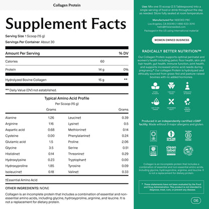 Needed. Hydrolyzed Collagen Protein Powder | Expert-Backed & Clean Sourced | Supports Skin, Hair, Joints | Grass-fed, Pasture-Raised, Hormone-Free | 1lb - PrimeBioHealth - canada supplements