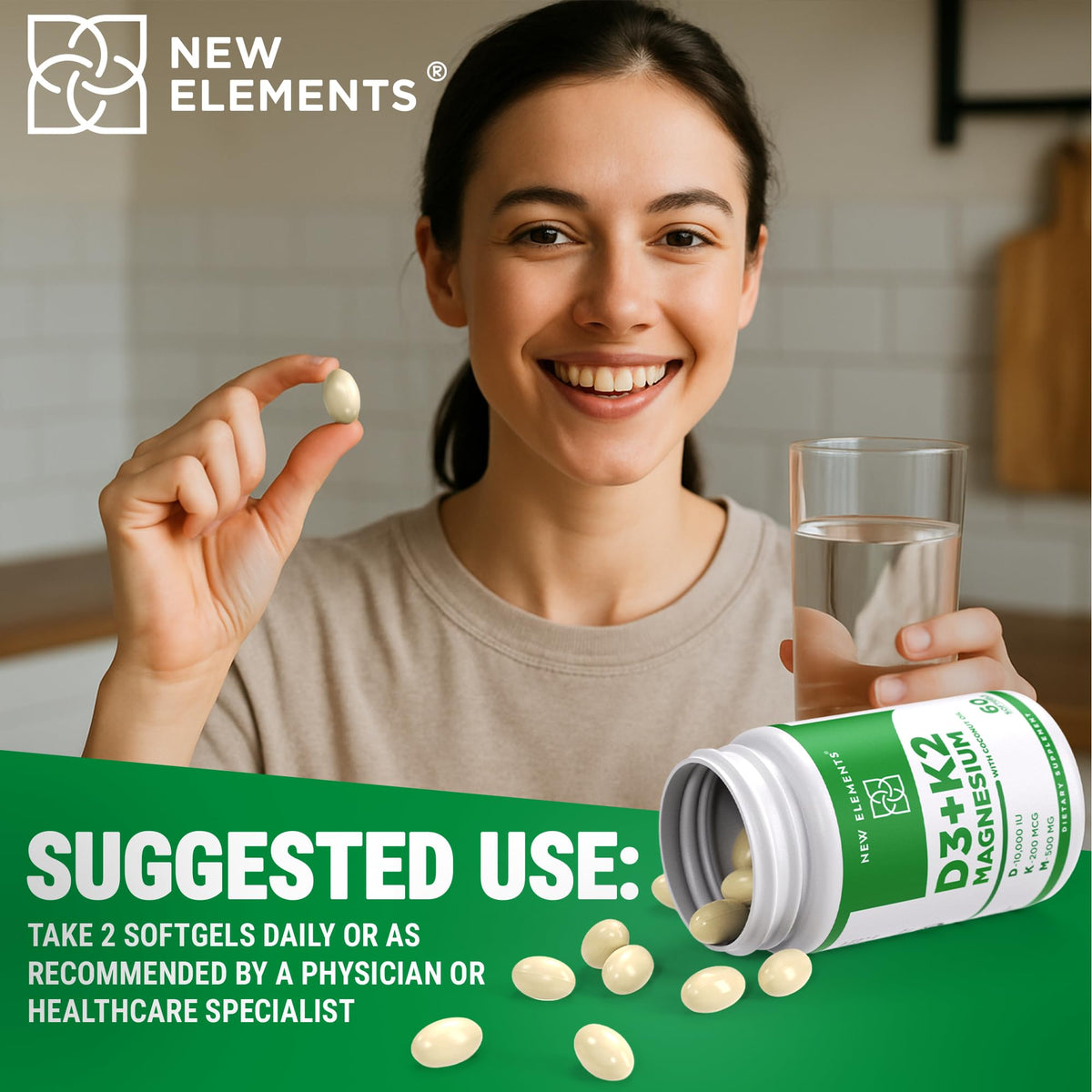 New Elements Vitamin D3 K2 10,000 IU with Magnesium Glycinate 500mg - Bone Health, Immune Support, Energy & Mood - Non-GMO, Gluten-Free - PrimeBioHealth - canada supplements