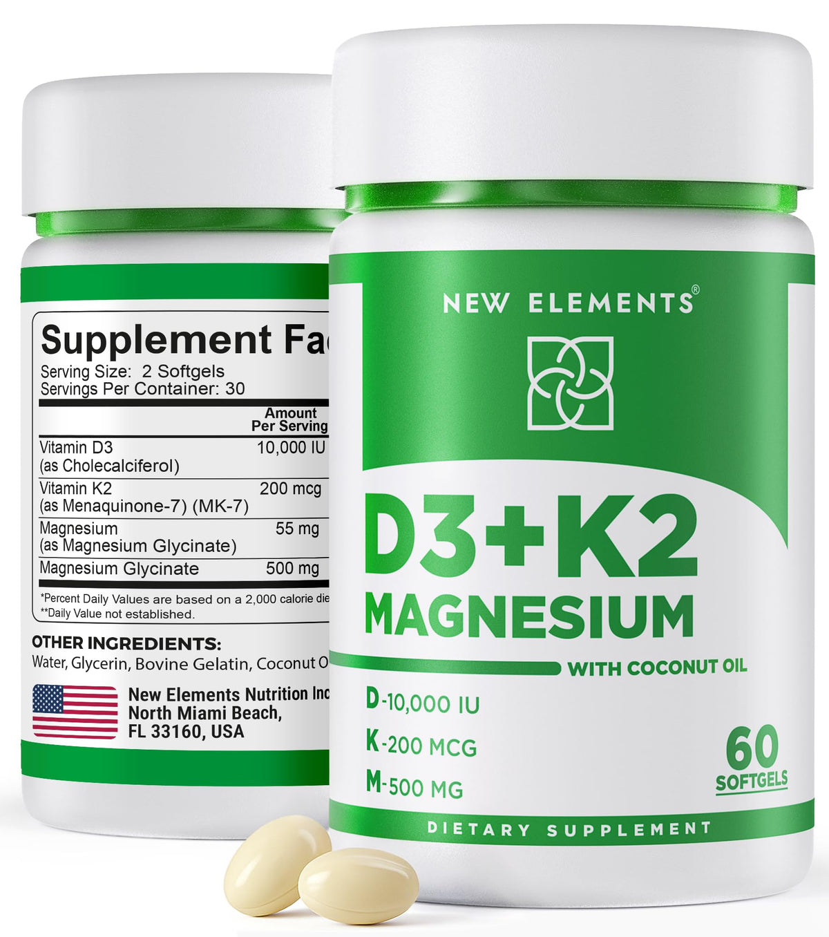 New Elements Vitamin D3 K2 10,000 IU with Magnesium Glycinate 500mg - Bone Health, Immune Support, Energy & Mood - Non-GMO, Gluten-Free - PrimeBioHealth - canada supplements