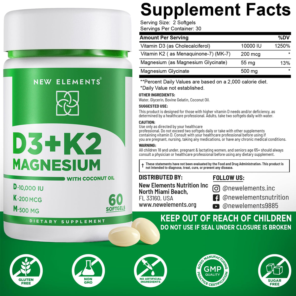 New Elements Vitamin D3 K2 10,000 IU with Magnesium Glycinate 500mg - Bone Health, Immune Support, Energy & Mood - Non-GMO, Gluten-Free - PrimeBioHealth - canada supplements