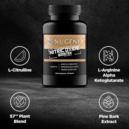 Nugenix Nitric Oxide Booster Supplement - Nitric Oxide Flow, L-Arginine, L-Citrulline, Pine Bark Extract - Vasodilator - 100 Capsules - PrimeBioHealth - canada supplements