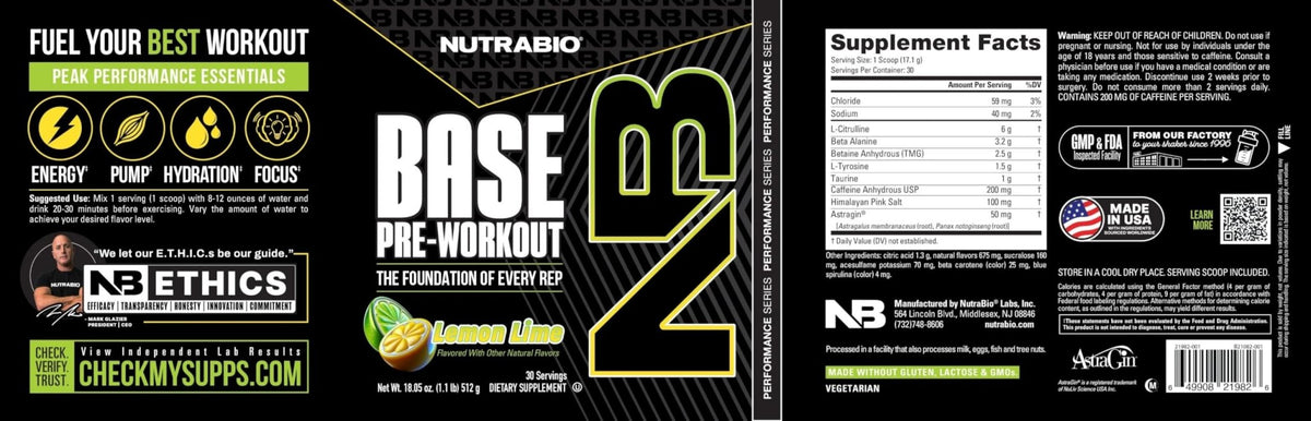 NutraBio Base Pre-Workout Powder 200mg Caffeine, Sustained Energy, Focus, Endurance, Pump, Sugar Free, Clean Preworkout for Men and Women - Beta Alanine, L-Tyrosine, 30 Servings - Lemon Lime - PrimeBioHealth - canada supplements