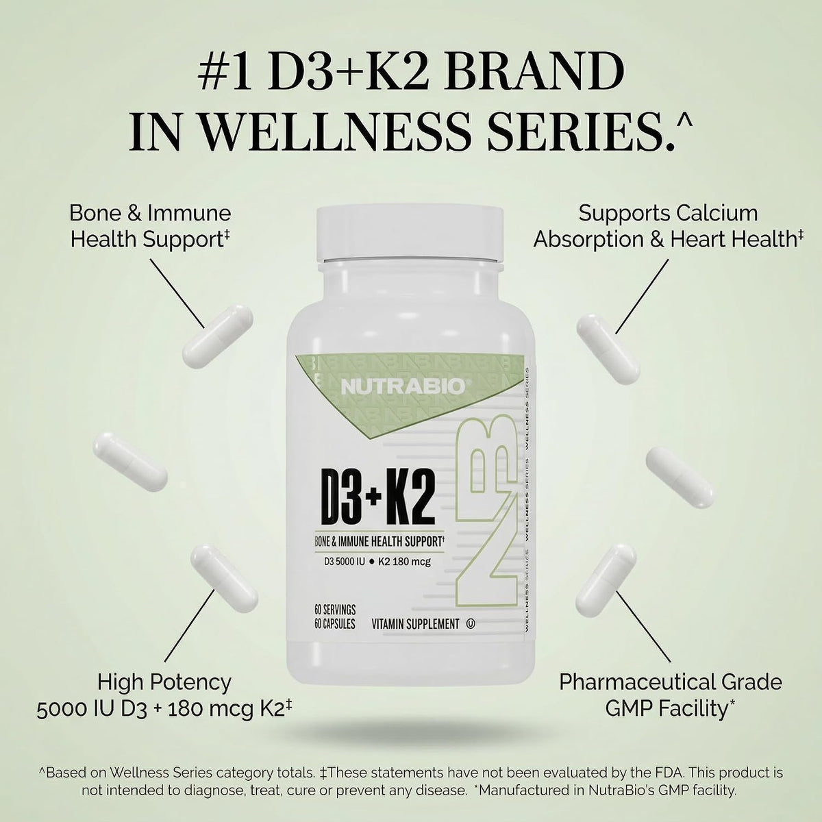 NutraBio Vitamin D3 K2 | 5000 IU D3 as Cholecalciferol with Vitamin K2 as MENA-Q MK7 (180mcg) | Support Bone and Heart Health | Non-GMO, Gluten Free, Lactose Free | 60 Vegetable Capsules - PrimeBioHealth - canada supplements