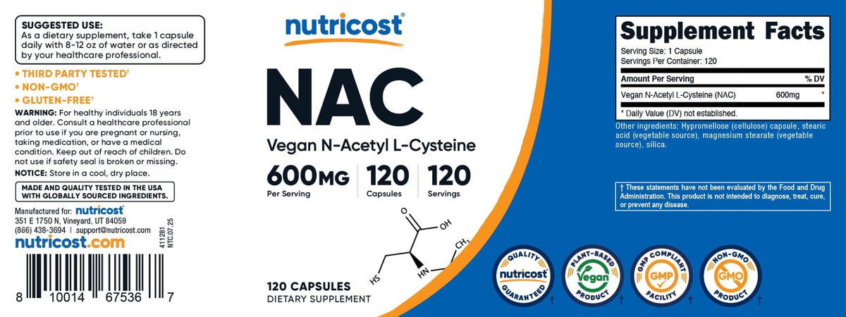 Nutricost N-Acetyl L-Cysteine (NAC) 600mg, 180 Capsules | GMO-Free And Gluten Free - PrimeBioHealth - canada supplements