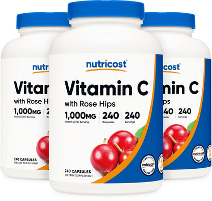 Nutricost Vitamin C with Rose Hips 1025mg, 240 Capsules, Gluten Free | Vitamin C 1,000mg, Rose Hips 25mg, GMO-Free - PrimeBioHealth - canada supplements