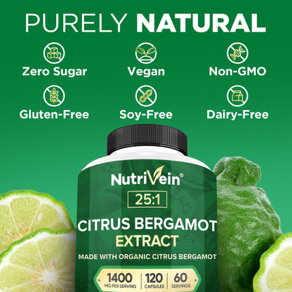 Nutrivein Premium Citrus Bergamot Supplement 1400mg 25:1 Bergamia Extract - 60 Day Supply (120 Capsules): Powerful Italian Citrus Bergamot 1400 mg+ - PrimeBioHealth - canada supplements