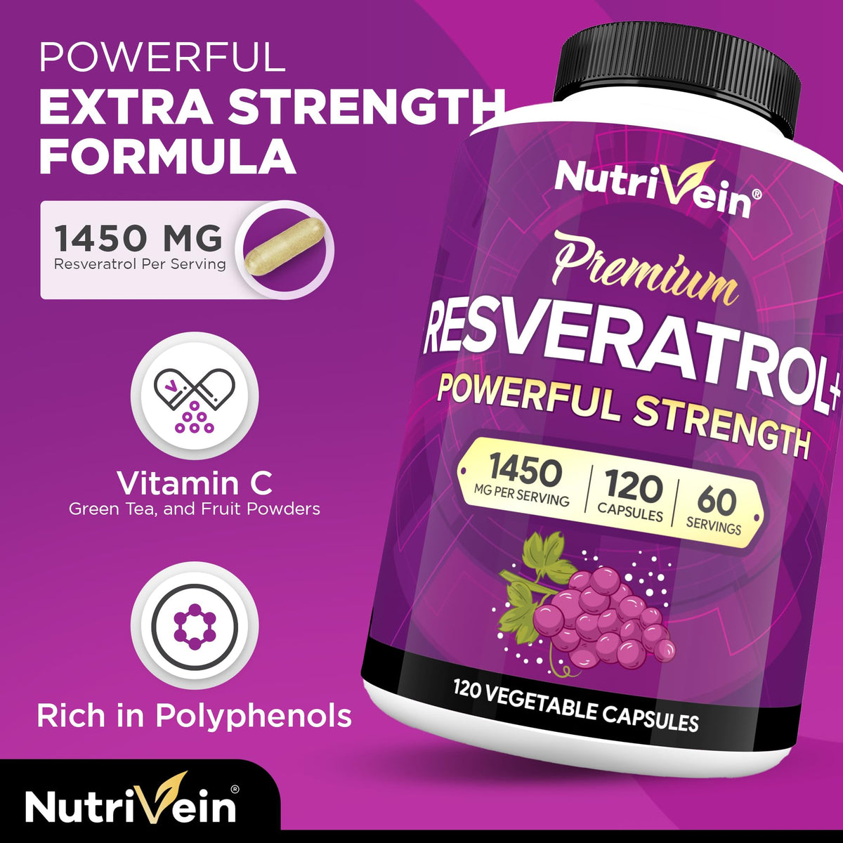 Nutrivein Premium Resveratrol 1450mg - 120 Caps: Pure Trans Resveratrol Supplement Enhanced with Green Tea Leaf & Acai Berry - PrimeBioHealth - canada supplements