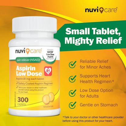 NUVICARE Low Dose Aspirin 81mg for Adults Coated Caplets - Compare to Active Ingredient in Low Dose Bayer Aspirin for Adults - Safety Coated (300 Count) - PrimeBioHealth - canada supplements