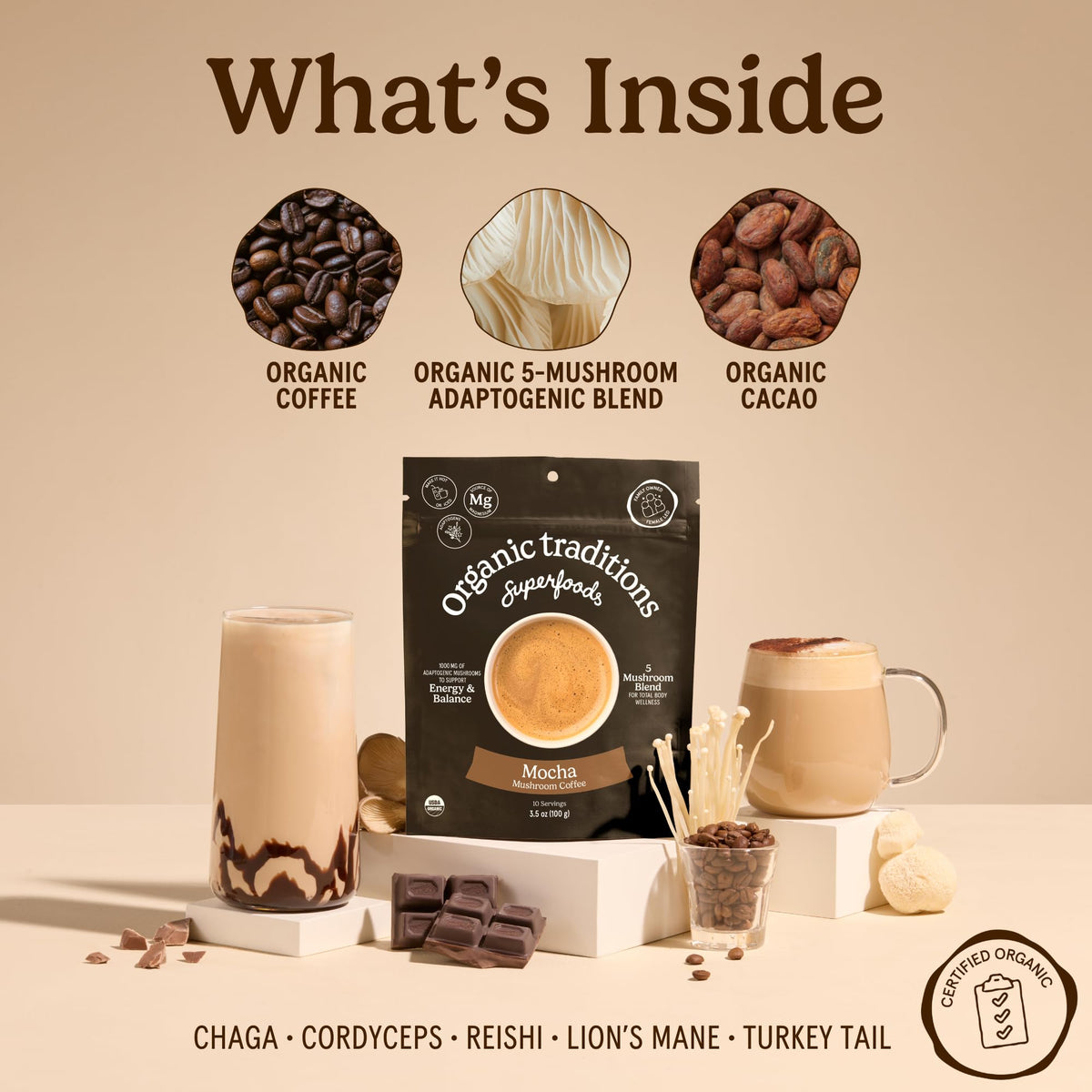 Organic Traditions Mind Fuel Instant Mushroom Coffee Alternative, Caffeine Free Lion’s Mane and Maca Herbal Drink with Dandelion, Chicory, Roasted Grain Blend, Natural Focus Support, 140g / 5oz - PrimeBioHealth - canada supplements