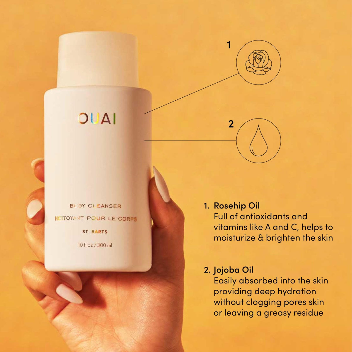 OUAI Body Cleanser, St. Barts - Foaming Body Wash with Jojoba Oil and Rosehip Oil to Hydrate, Nurture, Balance and Soften Skin - Paraben - PrimeBioHealth - canada supplements