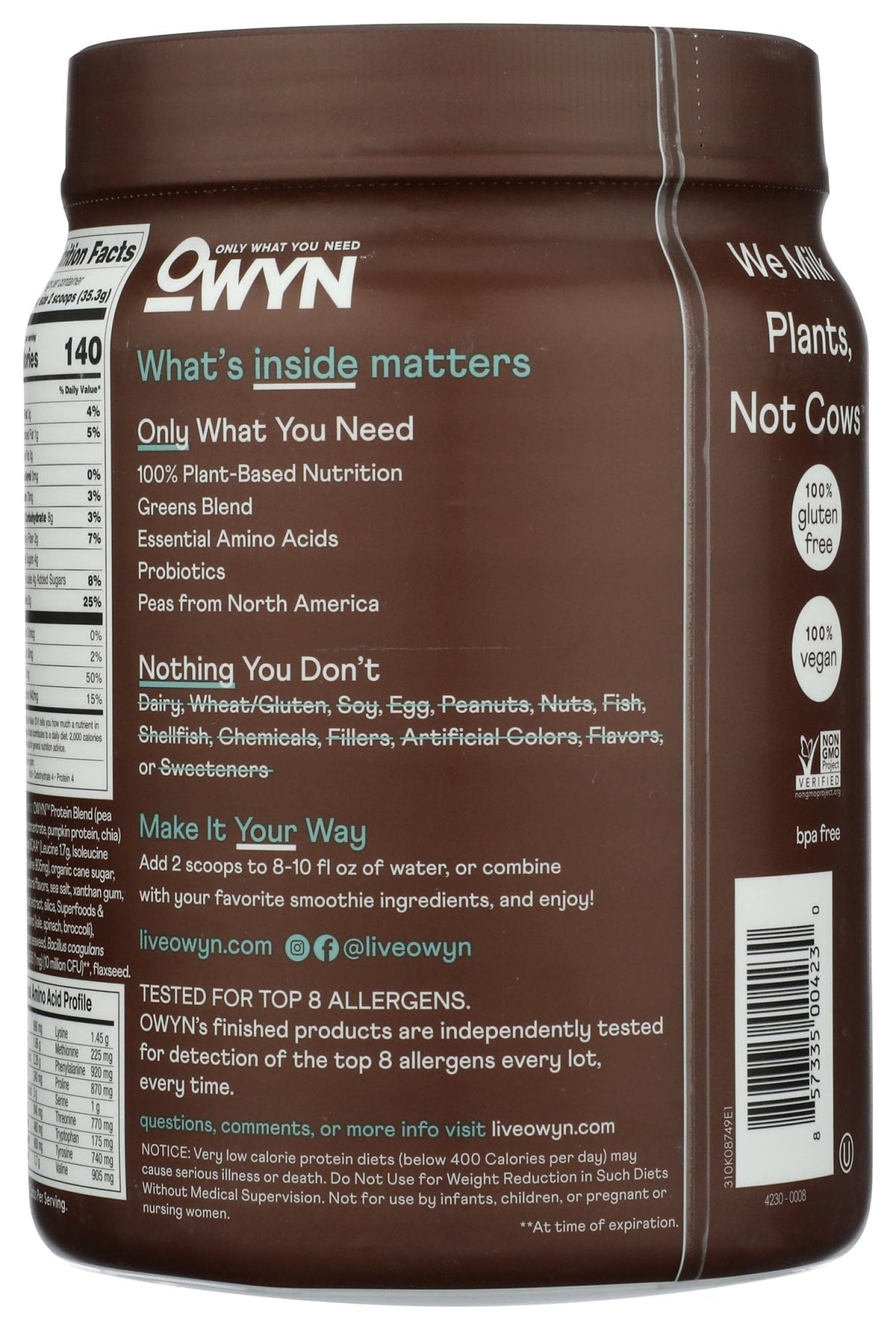 OWYN Only What You Need Plant-Based Protein Powder, Dark Chocolate, 1.17 lbs - PrimeBioHealth - canada supplements