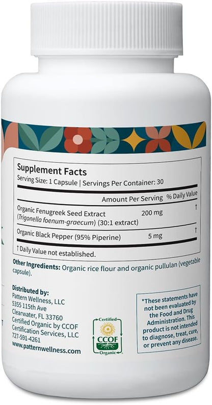 Pattern Wellness Organic Fenugreek Capsules – 30:1 Fenugreek Seed Extract with Black Pepper – Metabolic & Digestive Support Supplement – Vegan, Non-GMO – 30 Capsules - PrimeBioHealth - canada supplements