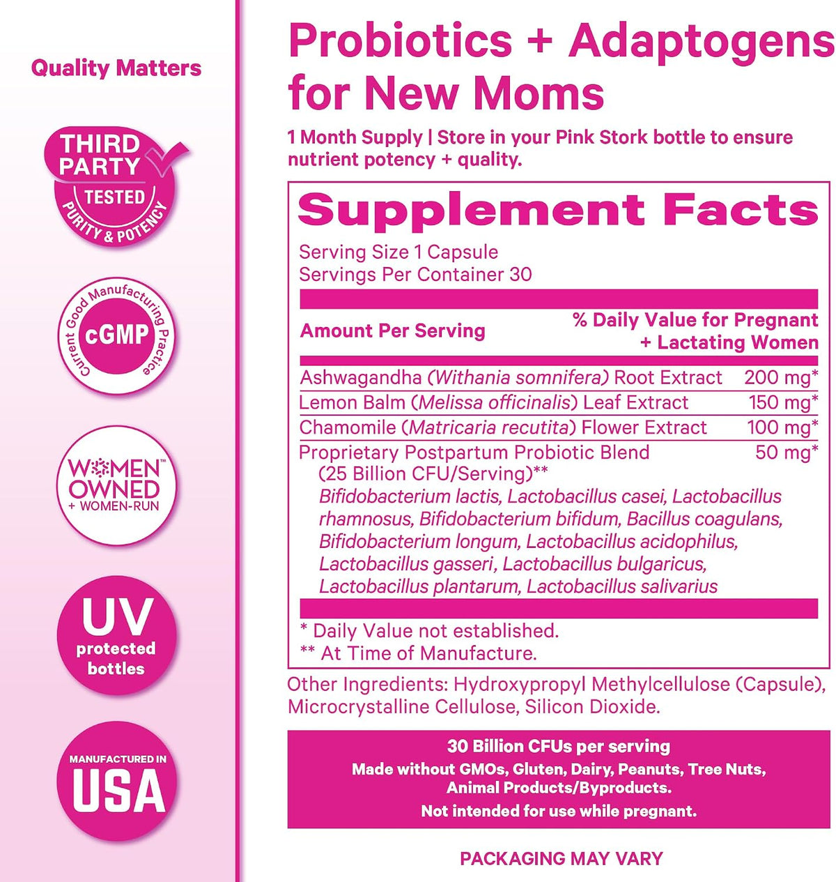 Pink Stork Probiotics for Postnatal Women - 30 Billion CFUS with Ashwagandha and Chamomile, Postpartum Essentials for Hormone Balance, Mood Support, Gut Health, Digestive Wellness, 30 Capsules - PrimeBioHealth - canada supplements