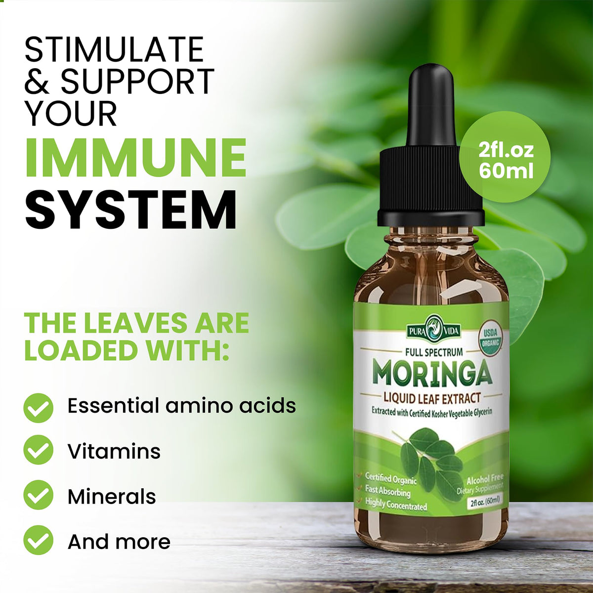 PURA VIDA MORINGA Leaf Extract Liquid Drops - USDA Organic Certified - Highly Purified, Bioavailable & Faster Absorption than Moringa Powder or Capsules - PrimeBioHealth - canada supplements