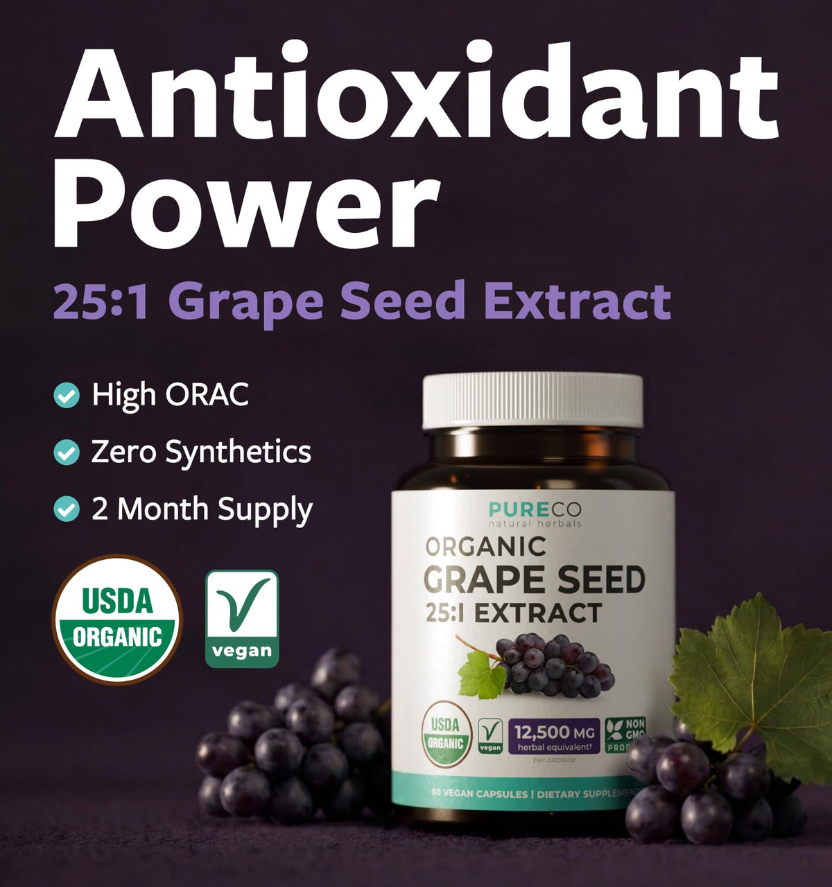 PURE CO USDA Organic Grape Seed Extract - High Potency 25:1 Grapeseed Supplement with 12,500mg Herbal Equivalent Strength - Antioxidant Support - Vegan & Non-GMO (4 Month Supply) - PrimeBioHealth - canada supplements